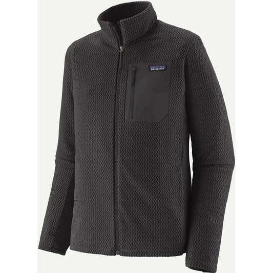 Front view of the Patagonia Men's R1 Air Jkt in Black showing the chest pocket and full zip against a white background.