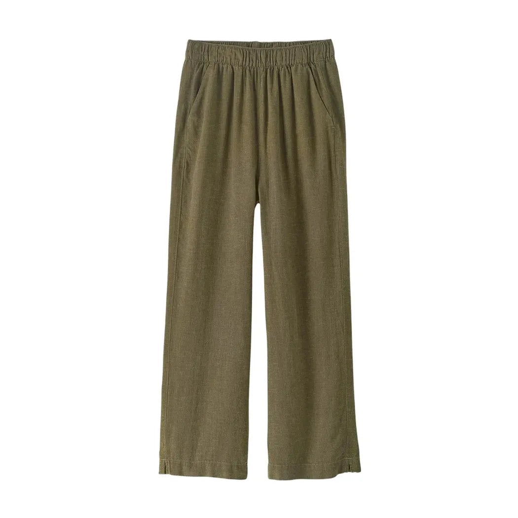 Side view of the Patagonia Women's Garden Island Pants in Whole Weave/River Rock Green showing the elastic waistband and pockets against a white background.