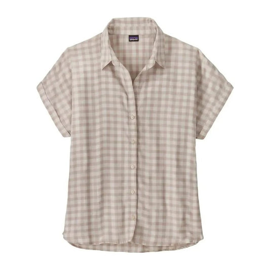A front view of the Patagonia Women's Lightweight A/C Shirt in Beeswax Tan with a white background.
