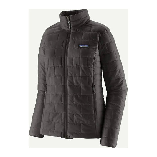 A front view of the Patagonia Women's Nano Puff Jacket in Black with a high collar and a chest pocket logo.