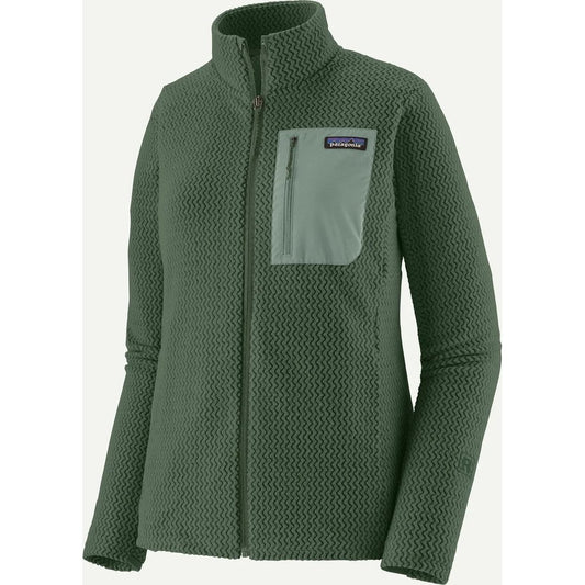 A front view of the Patagonia Women's R1 Air Jkt in Birch White showing the chest pocket and full zip against a plain background.