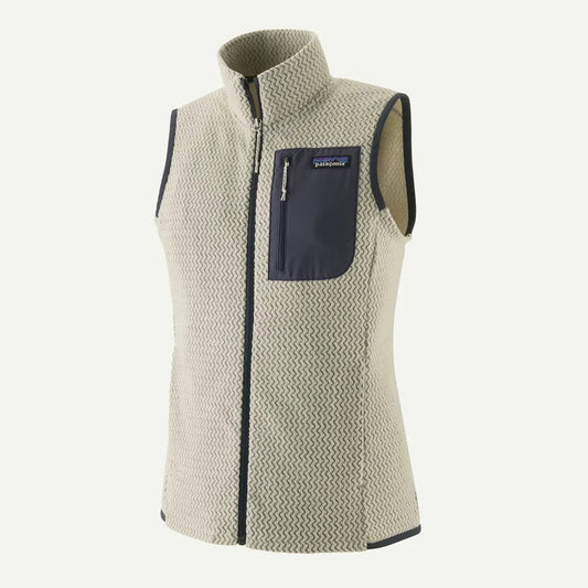 A front view of the Patagonia Women's R1 Air Vest in Wool White with a dark pocket and zipper against a white background.