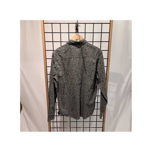 Back view of the Prana Mens Arbored LS Shirt-SAMPLE in Nori Freestyle hanging on a grid wall with a wooden hanger.