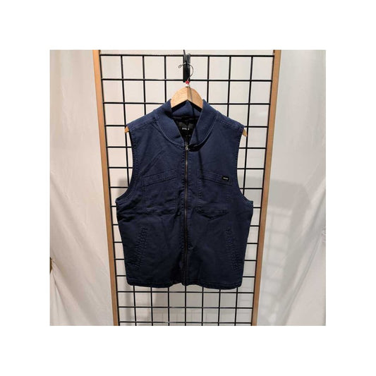 Front view of the Prana Mens Rock Ridge Vest-SAMPLE in Black hanging on a grid wall with a wooden hanger.