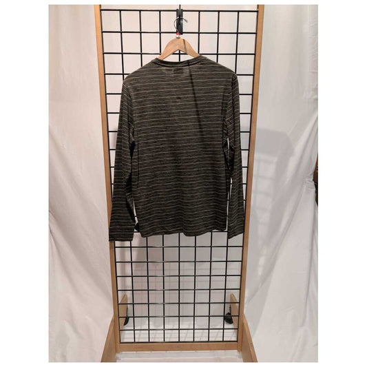 Back view of the Prana Mens Ronnie Crew II-SAMPLE in Nori Stripe hanging on a grid display with a white backdrop.