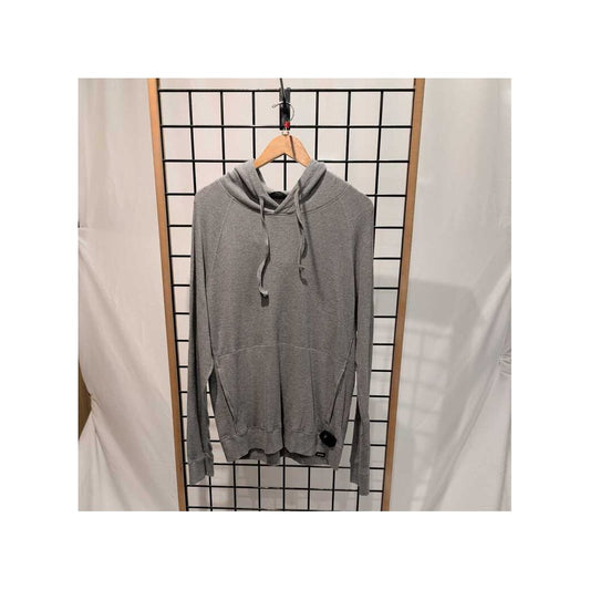 Front view of the Prana Mens Touchstone Hoodie-SAMPLE in BluffBlueHeathe hanging on a wooden hanger against a grid background.