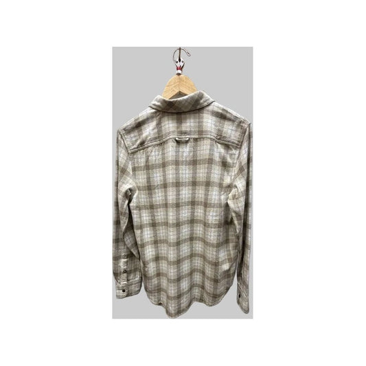 Back view of the Prana Womens Golden Canyon Flannel-SAMPLE in Stone hanging on a wooden hanger against a gray background.