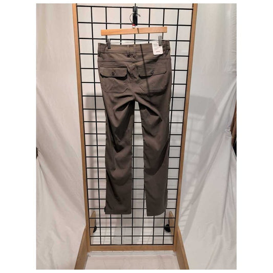 Back view of the Prana Womens Stretch Zion Mid Rise Pant-SAMPLE in Mud hanging on a grid display with a white backdrop.