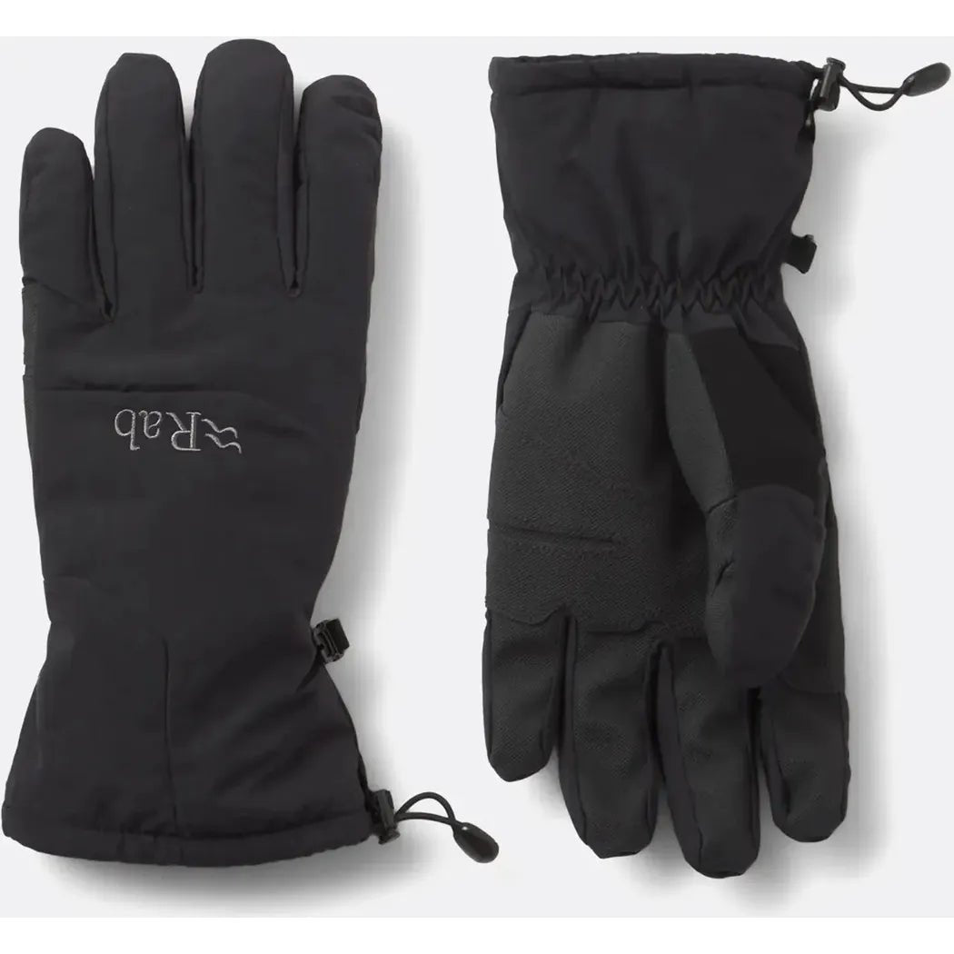 Front and back view of the black Rab Storm Gloves with a drawstring cuff and a logo on the palm.