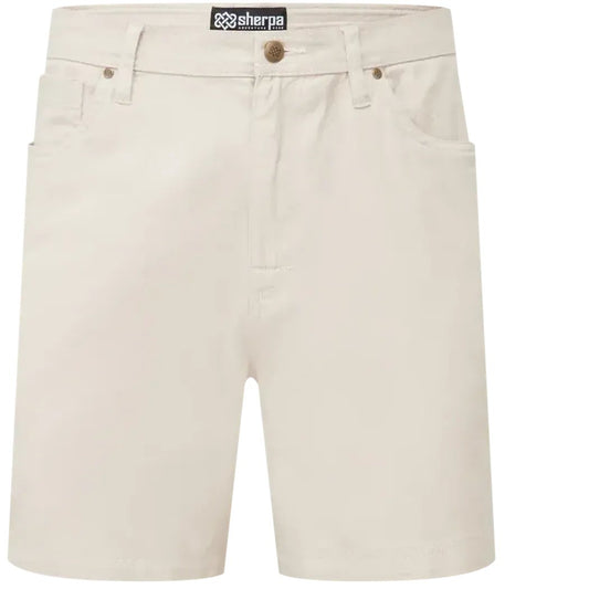 Natural, complete sentence describing the photo. Nothing else — no prefix, no quotes.
The front view of the Sherpa Adventure Gear Sample - Men's Dando 5 Pocket Short in Evergreen shows the 5 pockets