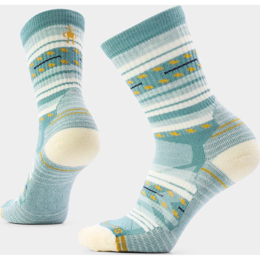 Front and back view of the Smartwool Women's Hike Margarita Crew Socks in Black showing the cushioned heel and toe against a white background.