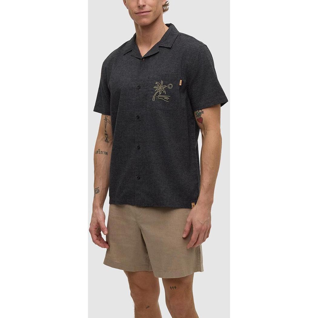 A front view of the Tentree Men's Chambers Pocket Shirt in Meteorite Black/Khaki on a model wearing khaki shorts against a plain background.