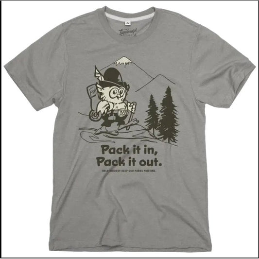 Front view of The Landmark Project Pack It in, Pack It Out in Olive showing an owl graphic with mountains and trees.