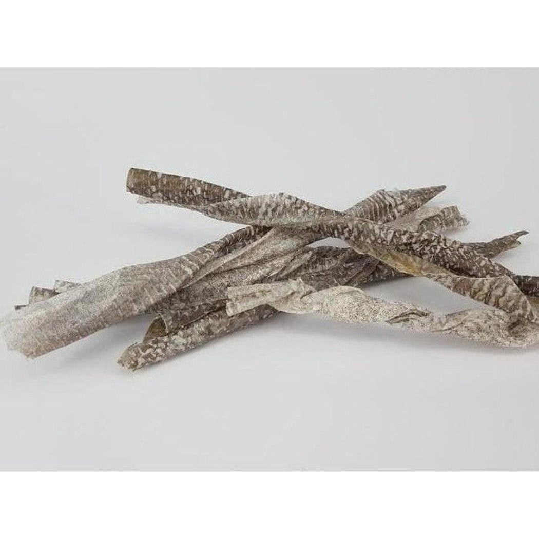 A pile of Tickled Pet Icelandic Codfish Skin Twists 8 Oz on a plain white background.