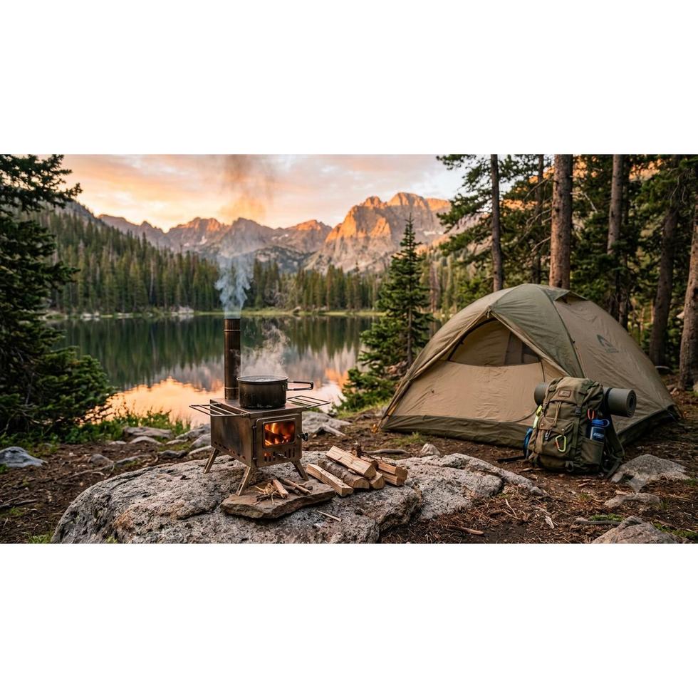 Wood stove for camping used beside a tent during an outdoor camping trip