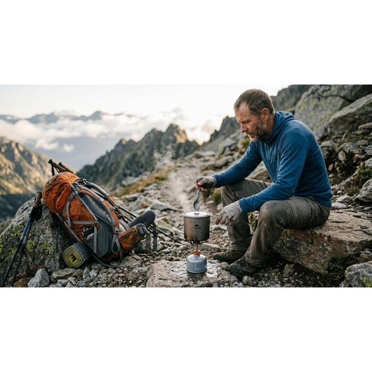 Backpacker using an ultralight camping stove on a mountain trail