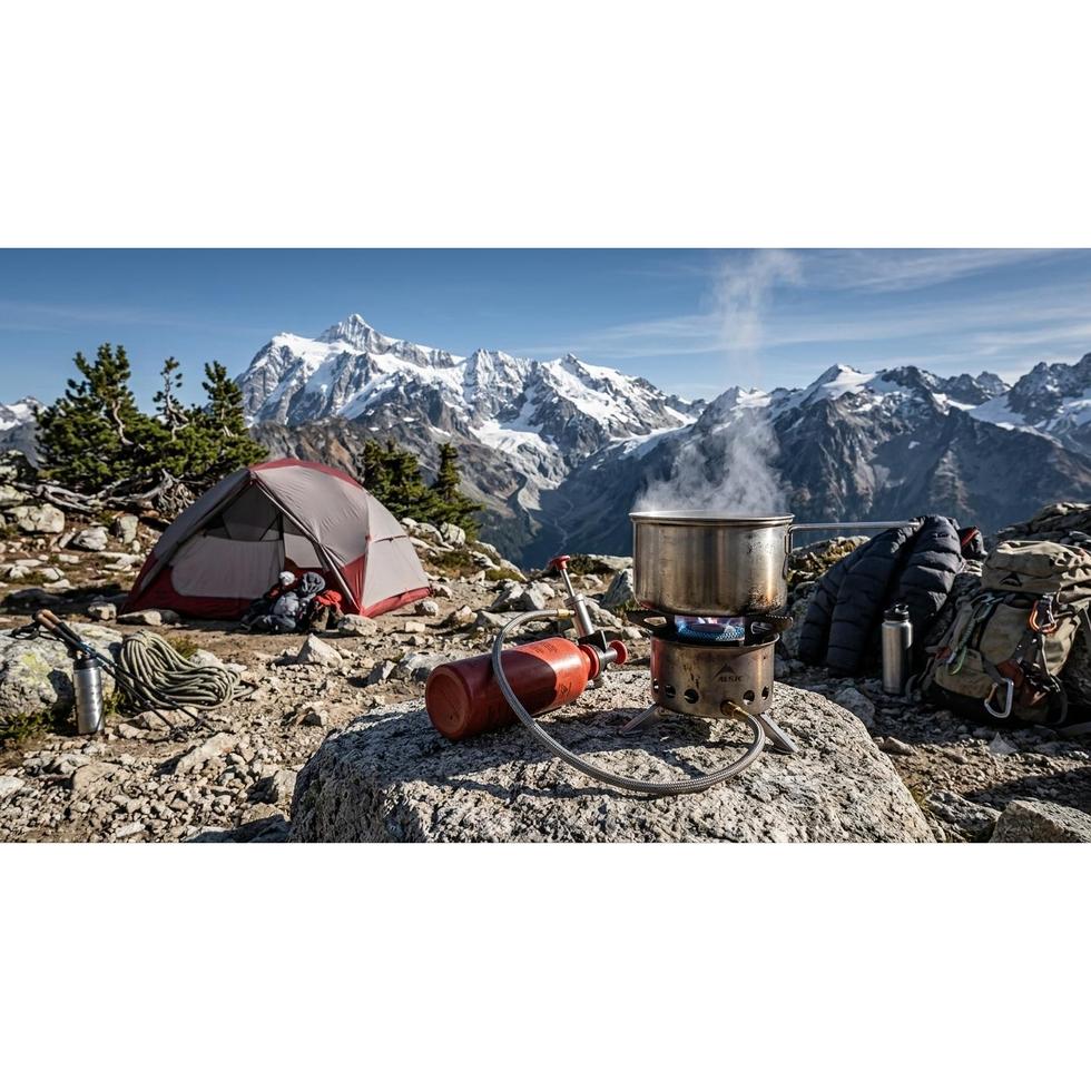Portable camping stove used at high altitude in the mountains