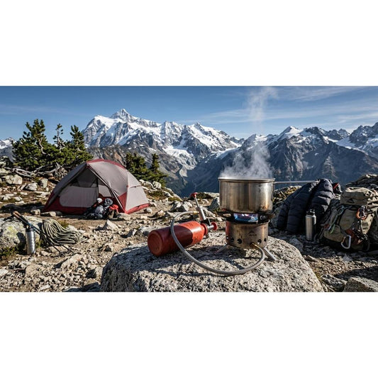 Portable camping stove used at high altitude in the mountains