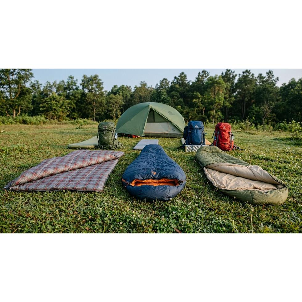 Different types of sleeping bags for camping including mummy, semi-rectangular and rectangular designs at a campsite