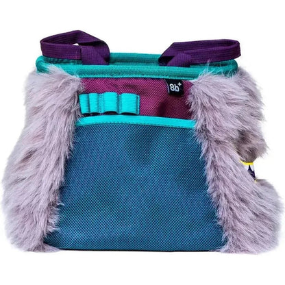 A front view of the 8BPlus Boulder Bucket - Angus showing its teal and purple colorway with fluffy gray accents and a white background.