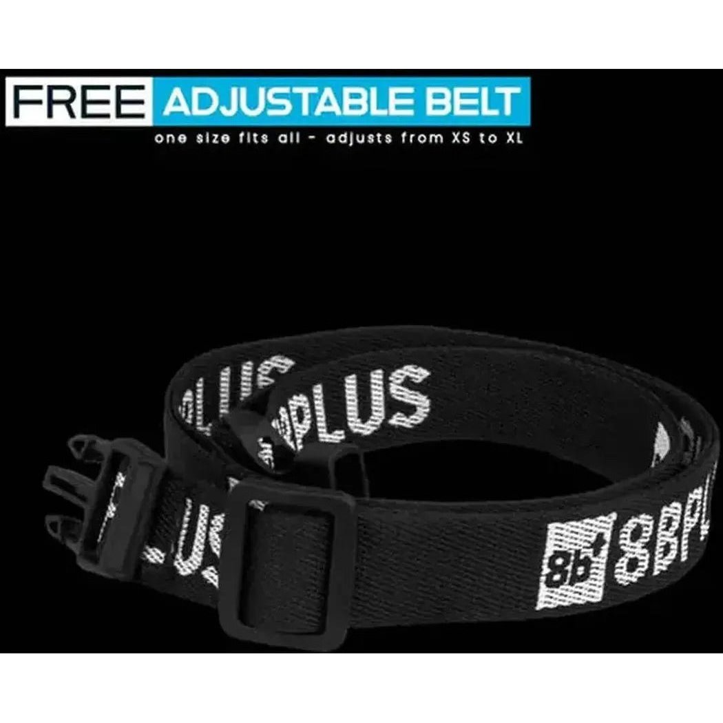 A black 8BPlus Chalk Bag-Bobo with white text, adjustable buckle, and free belt, shown in a close-up on a black background.