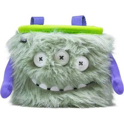 A front view of the 8BPlus Chalk Bag - Marty with a green top and purple straps against a white background.