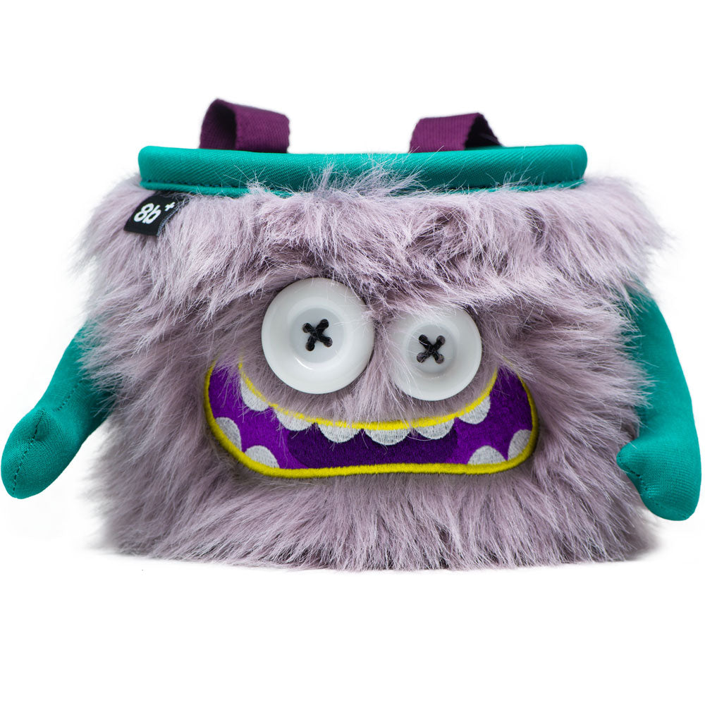 Front view of the 8BPlus Gibson chalk bag in Light Purple with a fuzzy texture and monster face design.