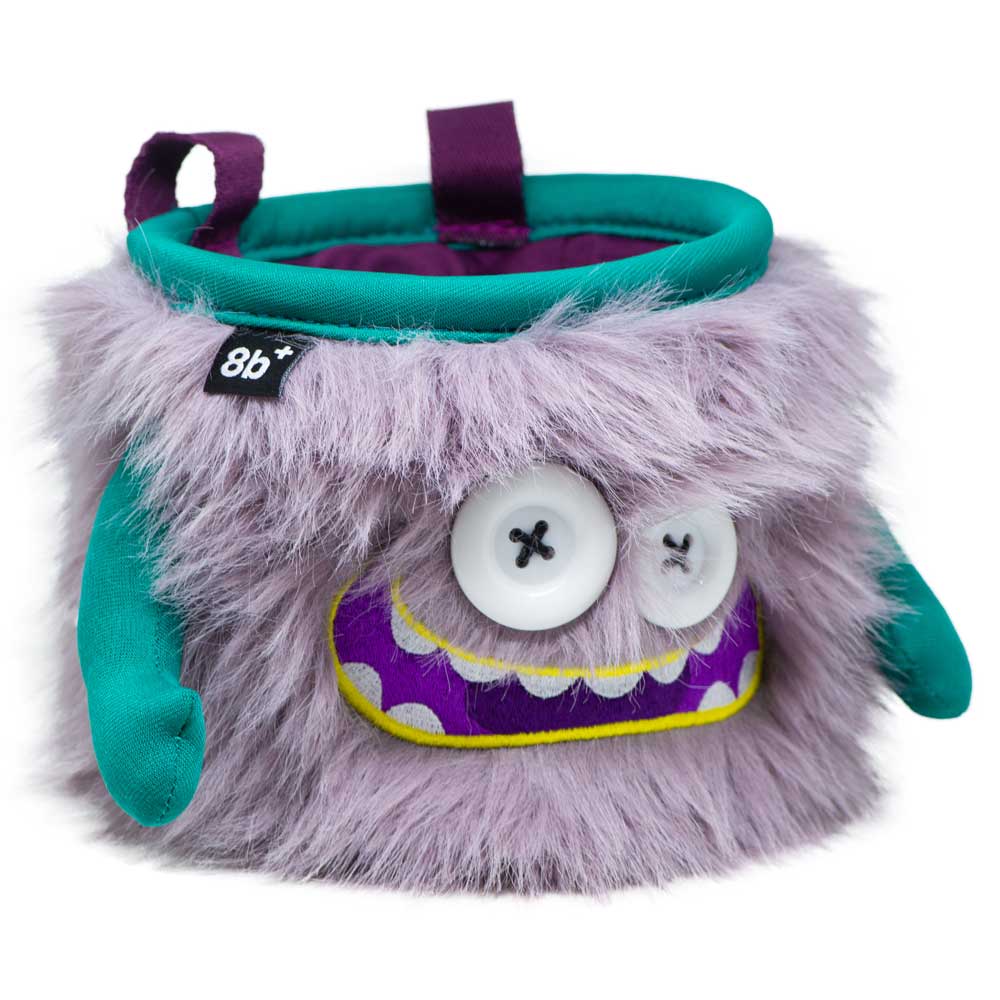 Front view of the 8BPlus Gibson chalk bag in Light Purple with a fuzzy exterior and teal accents.