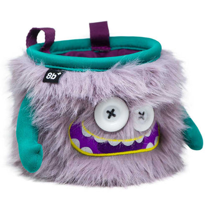 Front view of the 8BPlus Gibson chalk bag in Light Purple with a fuzzy exterior and teal accents.