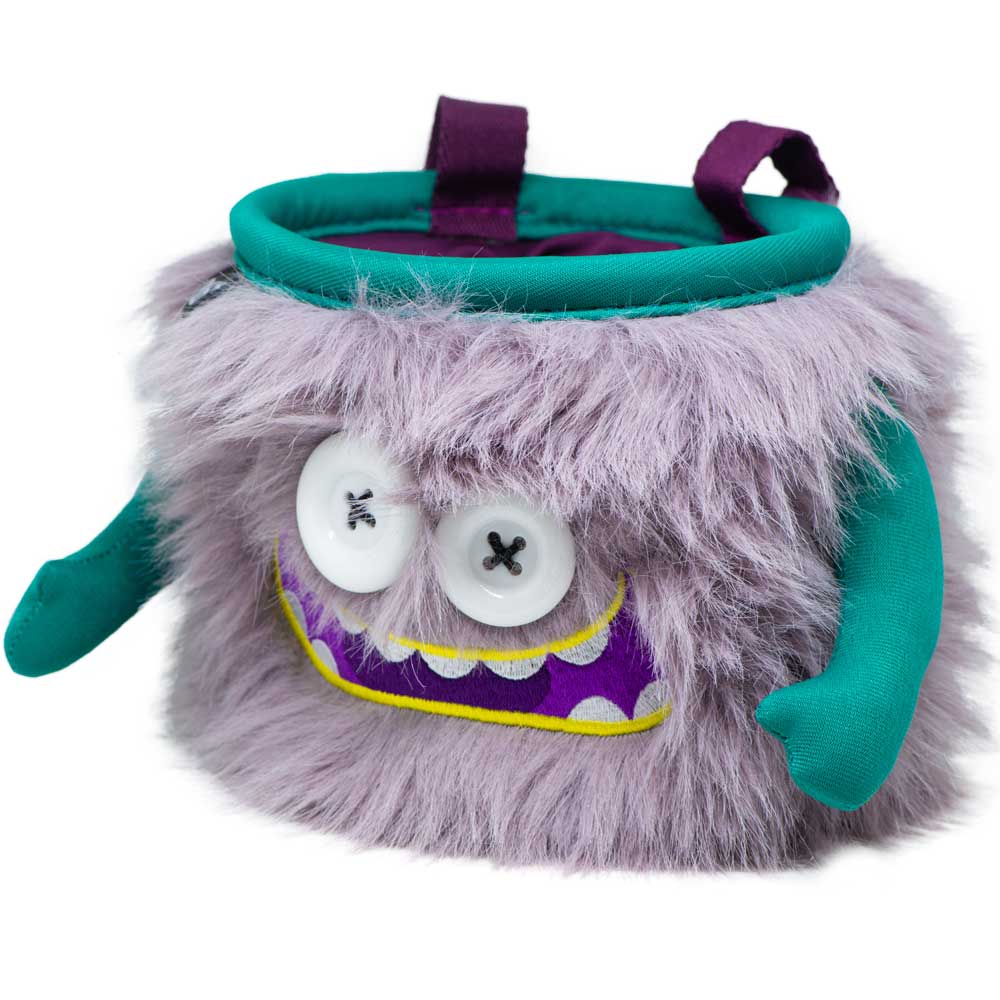 Front view of the 8BPlus Gibson chalk bag in Light Purple with a fuzzy exterior and teal accents.