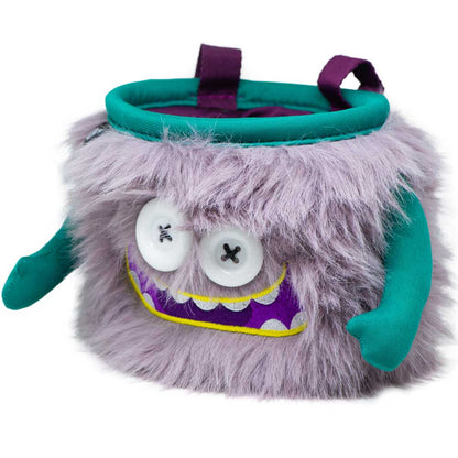Front view of the 8BPlus Gibson chalk bag in Light Purple with a fuzzy exterior and teal accents.