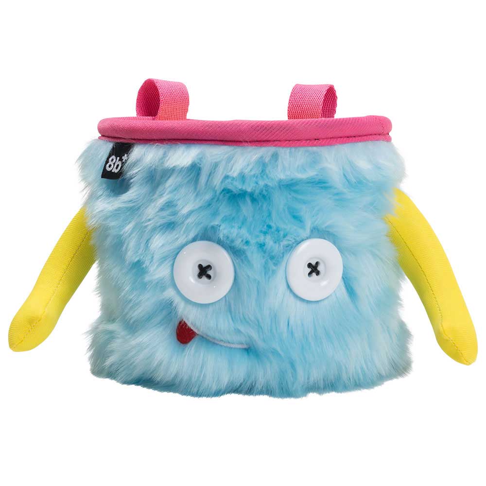 Front view of the 8BPlus Jamie chalk bag in Pastel Blue with yellow arms and pink top straps.