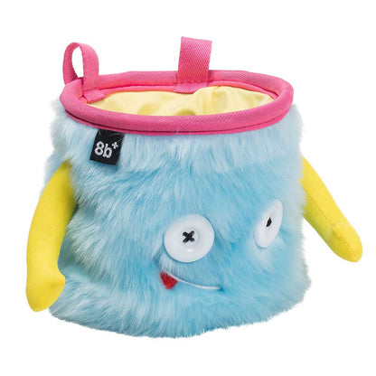 Front view of the 8BPlus Jamie chalk bag in Pastel Blue with a fuzzy texture and yellow arms.