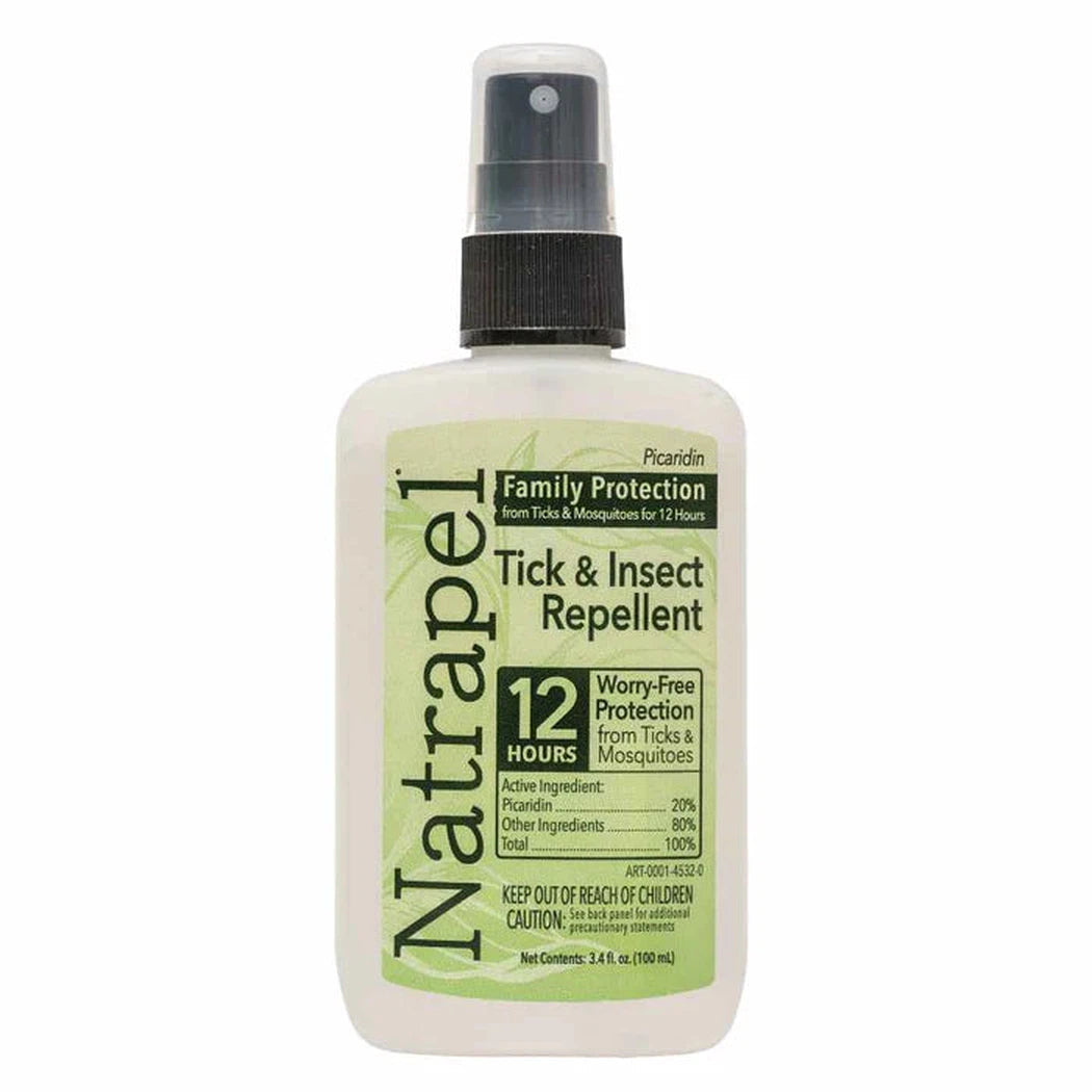 A front view of the Natrapel Picaridin Pump - 3.4 oz spray bottle with a green label against a white background.