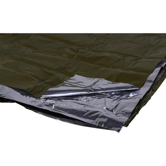 A close-up of the Adventure Medical Kits SOL Heavy Duty Emergency Blanket showing its reflective silver underside and olive green top layer.