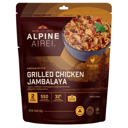 A front view of the AlpineAire Grilled Chicken Jambalaya freeze-dried backpacking food package showing the bowl of jambalaya on the front.