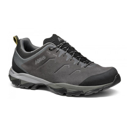 A side view of the Asolo Men's Acadi LTH GTX MM in Graphite/Black with a lugged outsole against a white background.