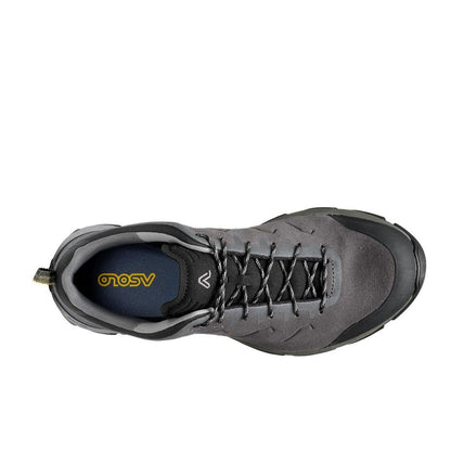 Top view of the Asolo Men's Acadi LTH GTX MM boot in Graphite/Black with laces and a white background.