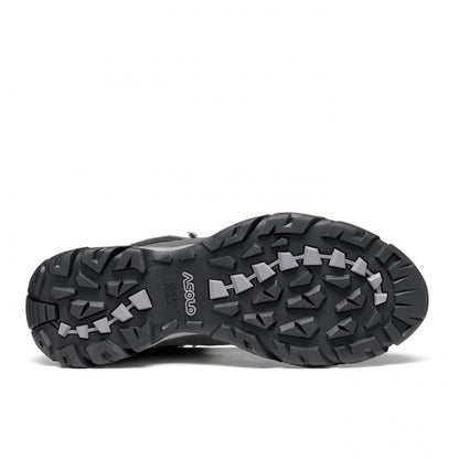 The sole of the Asolo Men's Acadia Mid Leather GTX boot is shown from below, with a rugged tread pattern and the brand name visible, against a plain white background.