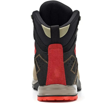 Back view of the Asolo Men's Fugitive GTX Wool Black boot showing the red heel counter and black upper against a white background.