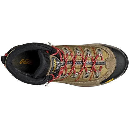Top view of the Asolo Men's Fugitive GTX Wool Black hiking boot with red laces and black collar against a white background.