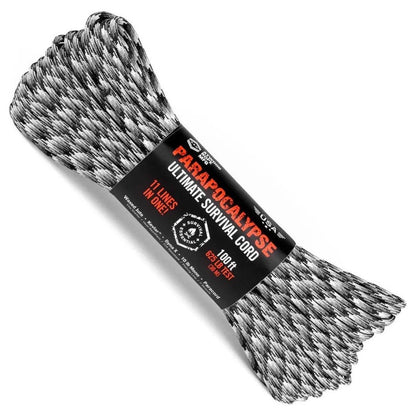 A roll of Atwood Rope Parapocalypse Ultimate Survival Cord in Charcoal/Graphite is shown from a top-down angle against a white background.