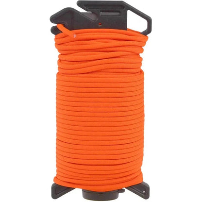 A spool of black Atwood Rope Ready Rope - 550 Paracord - 4MM X 100 FT sits against a white background.