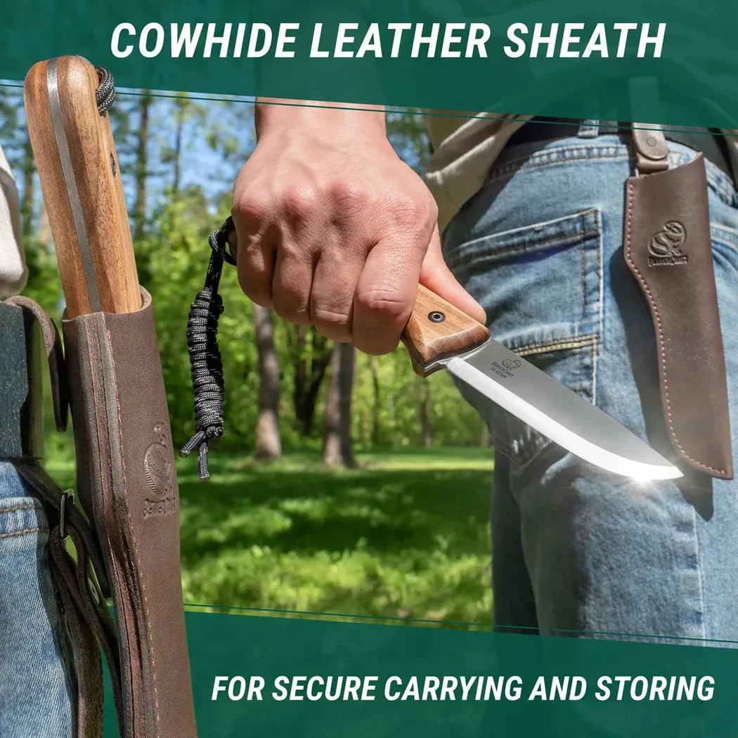 A person holds a Beavercraft BSH2 Bushcraft Knife with a cowhide leather sheath attached to their belt in a forested outdoor setting.