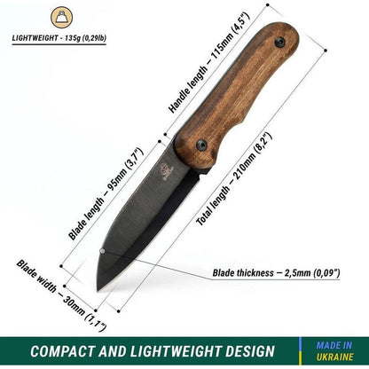 A side view of the Beavercraft BSH5 Bushcraft Knife showing its compact and lightweight design against a white background.