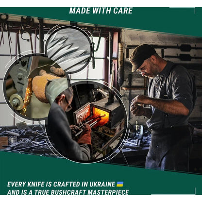 A craftsman works in a workshop making the Beavercraft Dusk-Carbon Steel Bushcraft Knife With Ferro Rod And LeatherSheath, every knife is crafted in Ukraine.