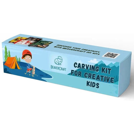 A side view of the Beavercraft Kids Carving Hobby Kit box showing a cartoon boy with a red hat and an orange tent on the front.