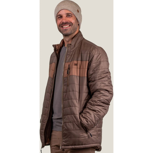 Front view of the Belong Designs Men's Coalmont Puffy - Flat Top in Deep Timber with a model wearing it against a plain background.