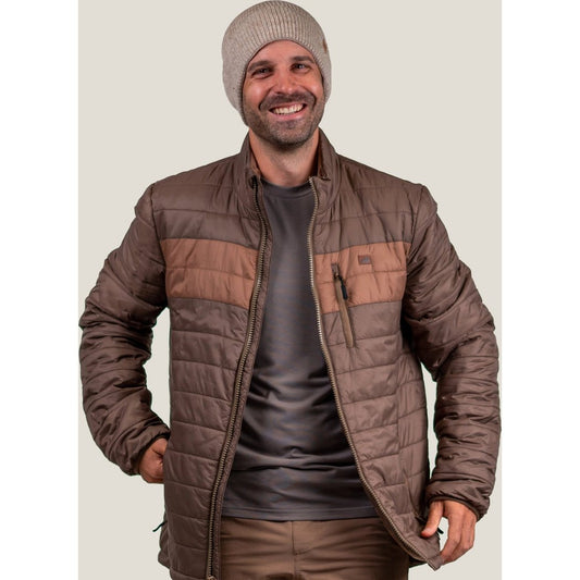Front view of the Belong Designs Men's Coalmont Puffy - Flat Top in Deep Timber with a model wearing it against a light background.