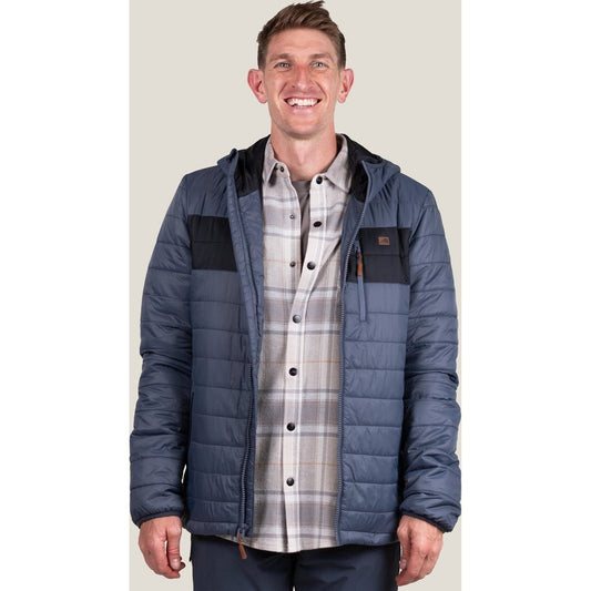 Front view of the Belong Designs Men's Coalmont Puffy Hooded in Dusk with a model wearing it over a plaid shirt against a neutral background.